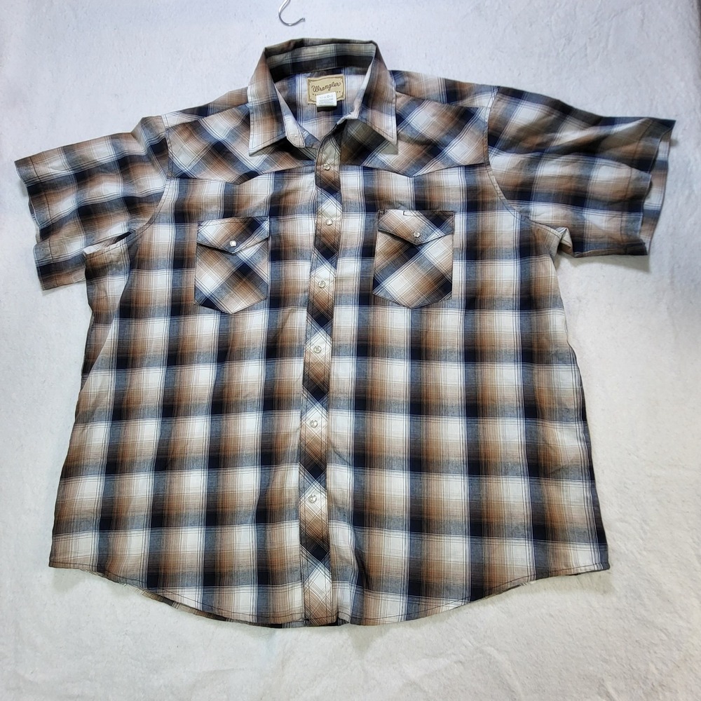 Wrangler Western Shirt Mens 2XL Blue Brown Plaid Pearl‎ Snap Short Sleeve VTG